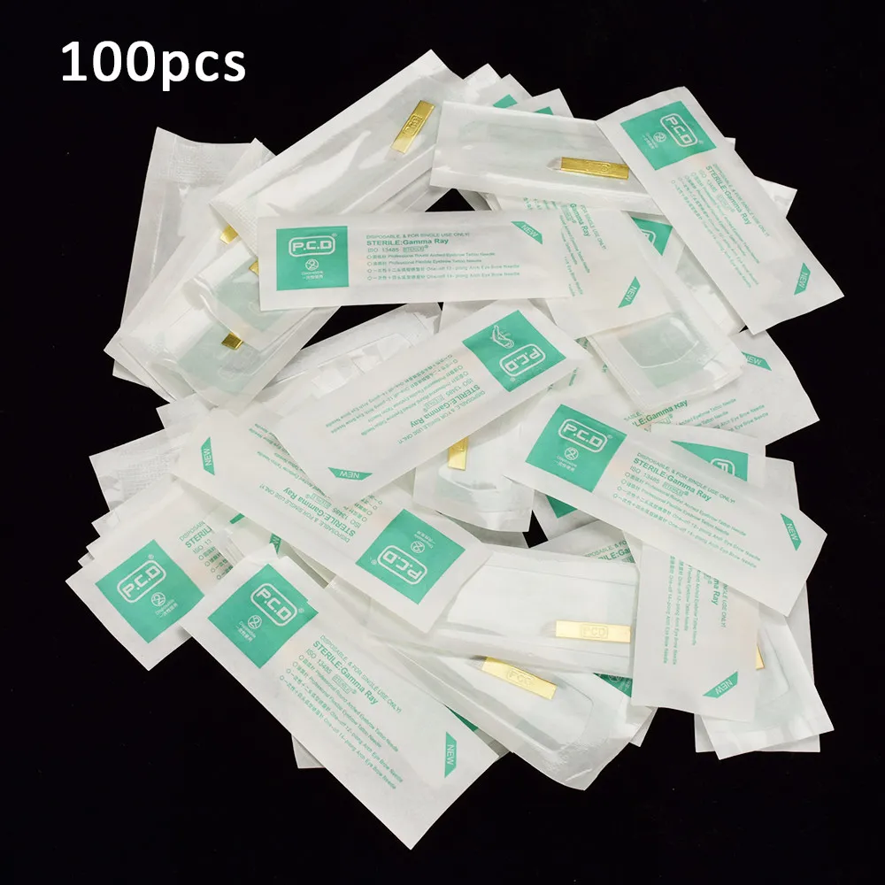 100 pièces 12 broches PCD aiguilles de Microblading pour stylo de broderie maquillage Permanent sourcil fournitures de tatouage Machine lames à tête inclinée Gold8855852