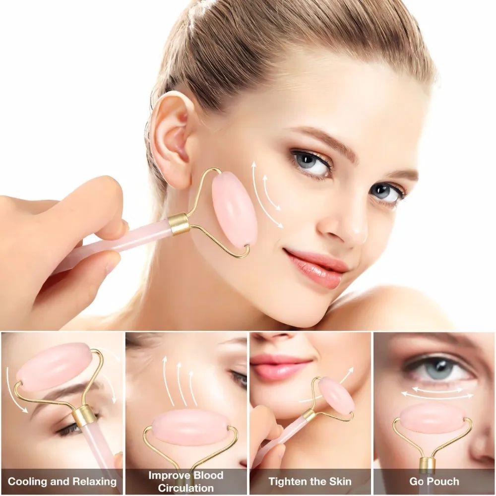 DHL New arrival pink quartz Facial Relaxation rose quartz Roller Massager For Face jade massage stone 