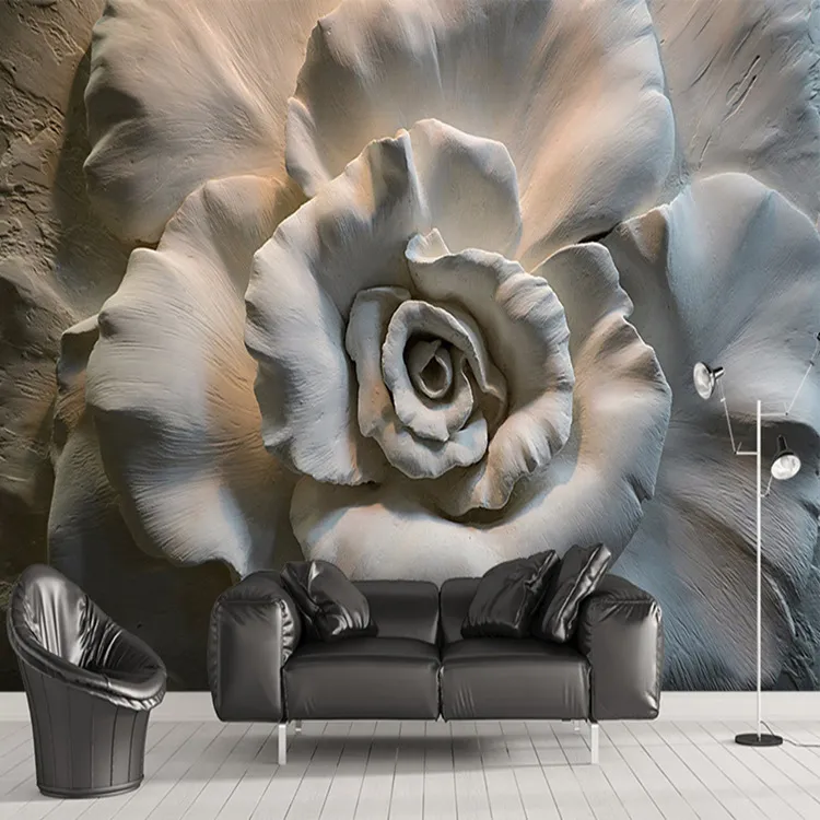 Personalizado Mural Papel De Parede Pintura De Parede 3D Relevo Rosa Flor Papel De Parede Para Sala de estar Sofá TV Fundo Mural Da Parede Home Decor 3D