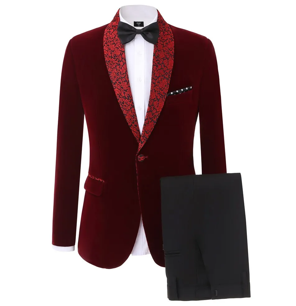 Jesień Zima Moda Burgundy Velvet Mężczyźni Ślub Tuxedos Wysokiej Jakości Groom Tuxedos Custom Made Men Blazer 2-częściowy garnitur (kurtka + spodnie + krawat) 81