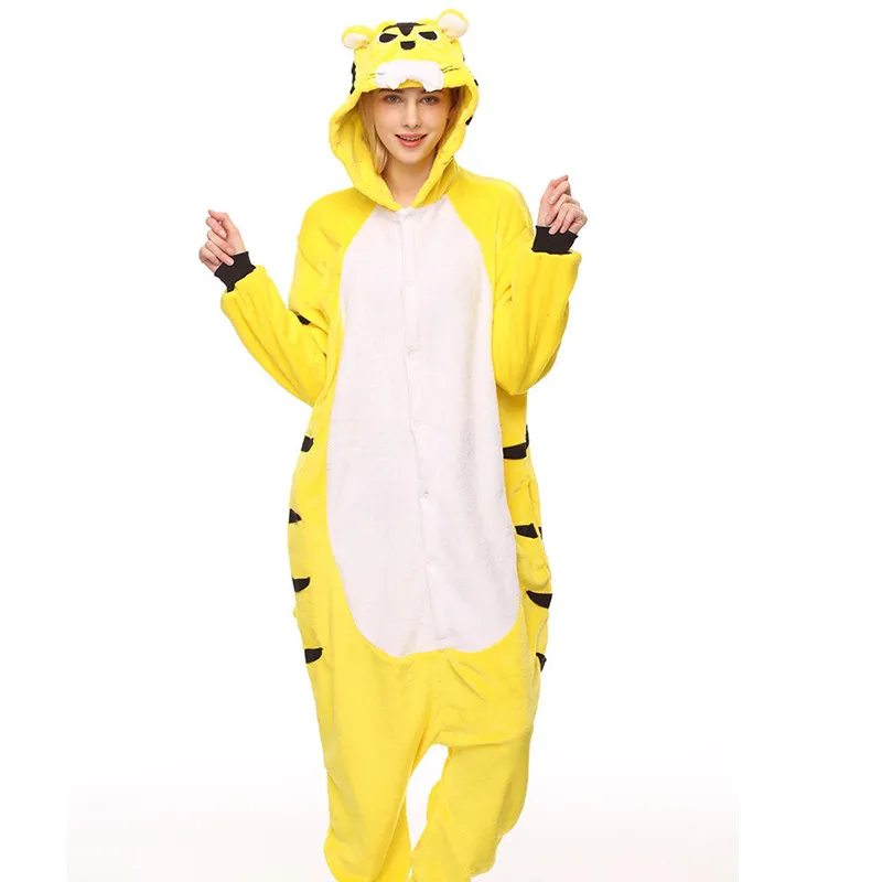 Volwassenen Flanel Kigurumi Yellow Tiger Animal Pyjama Unisex Onesie Kostuum voor Halloween Carnaval New Year Party