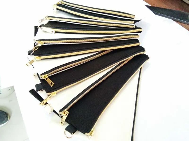 sacchetti cosmetici nero beige tela di cotone sacchetto di lavaggio con cerniera oro dimensioni 7,67 pollici x 4,33 pollici