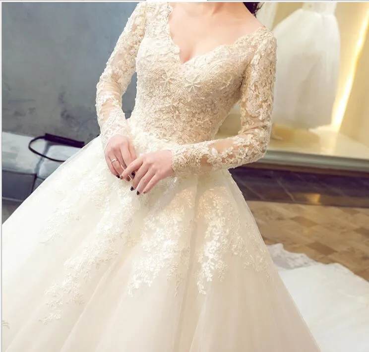 Luxury Lace Appliques 2018 New Winter Sexy V Neck Long Sleeve Wedding Dress Big Tail Prinecess Wedding Gown Vestidos De Novia