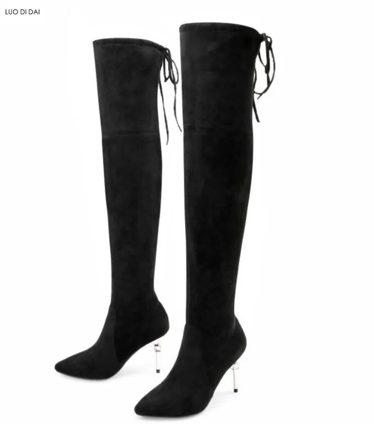 2018 nya damer Point Toe Lång stövlar Elastisk tyg Lår Hög Stövlar Zip Up Metal Heel Women Booties Over Knee High Mujer Botas