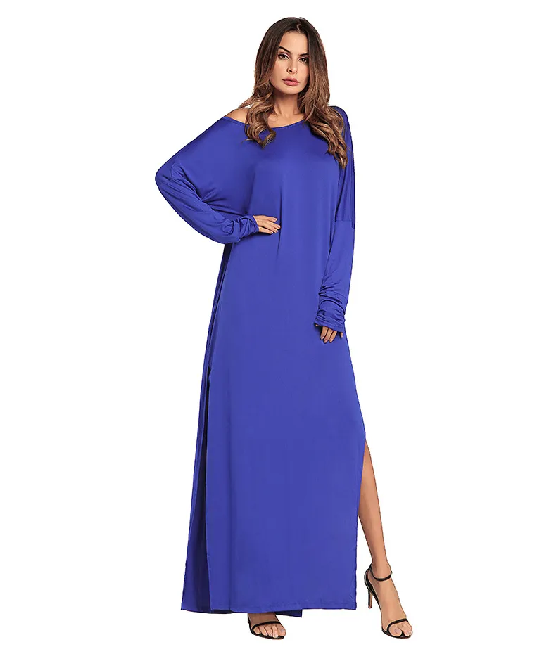 2018 Kobiety Casual Długa Sukienka Solid Color Loose Off Shoulder High Split Up Beach Street Maxi Sukienki