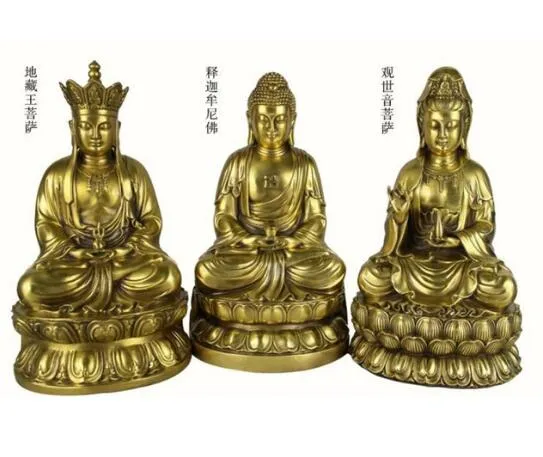 China Copper brass Three Saints of the West GuanYin Jizo King Buddha Statue Set