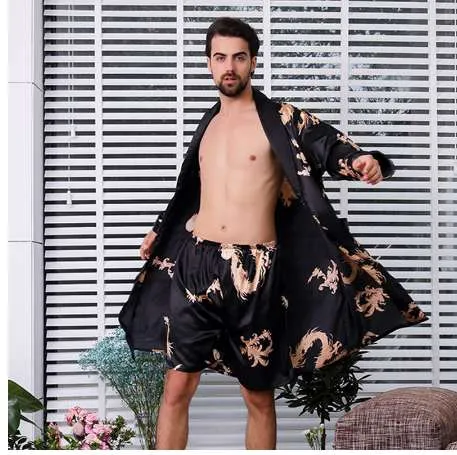 Vestido de seda de seda de seda masculino de duas peças extra grande roupão com dragões homens de cetim de cetim kimono homens 1287