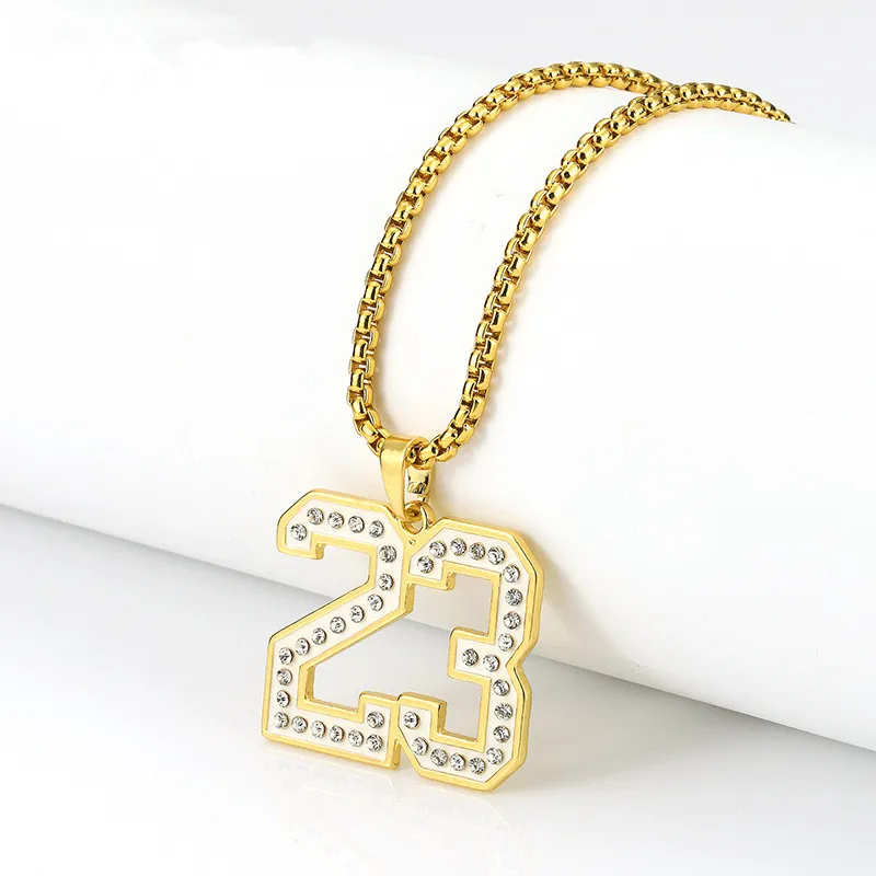 Mens Hip Hop Gold Number 23 Pendant Necklace Fashion Jewelry Rhinestone Design 75cm Långkedjiga män Halsband för gåvor6223300