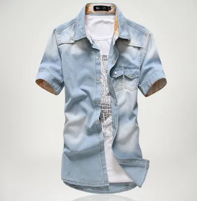 New Design Mens Summer Vintage Slim Denim Shirts Short Sleeve Casual Jeans Shirt O73D11