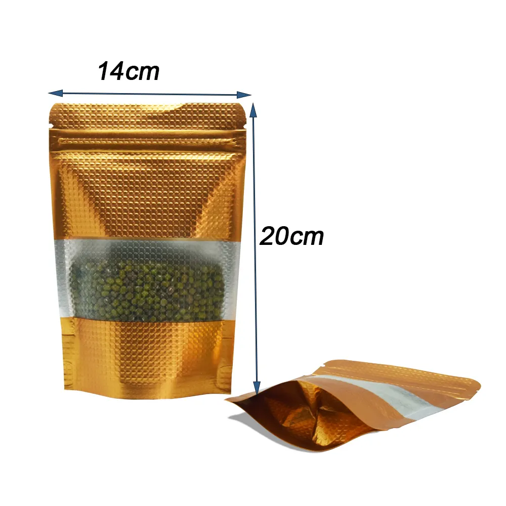 14x20cm Doypack Gold Embossed Zip Lock Bag 50pcs/lot Stand Up Aluminum Foil Zipper Package Bag with Matte Clear Plastic Window