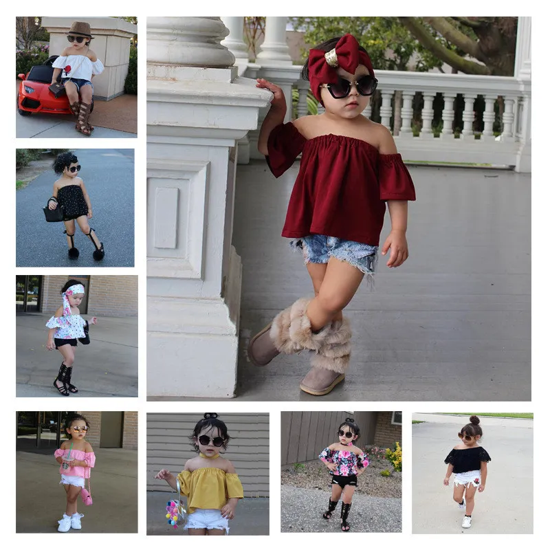 Baby Girl Denim Set Clothing Fashion Style Children Strapless Shirts Top+Denim Shorts+Bow Headband 3PCS Girl's Chic Outfits