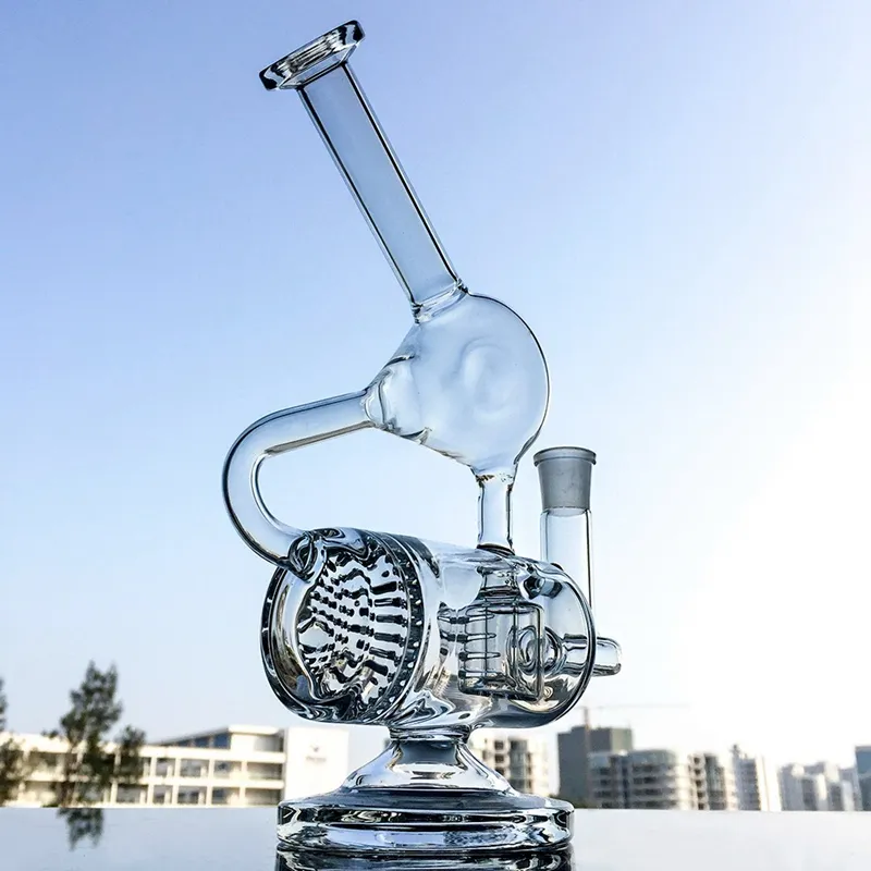 Çift Odası Recycler Petrol Kuyuları 14mm Ortak Net Cam Bong ile 9 İnç Tarak Perc Inline Percolator Dab Sondaj