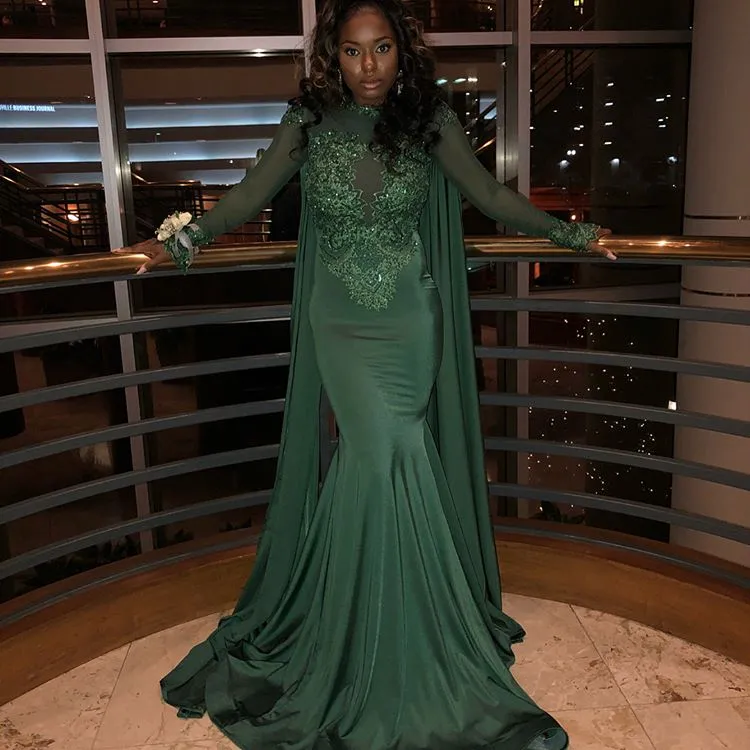 2018 nova chegada verde escuro renda sereia vestidos de baile com capa mangas compridas appliqued zíper voltar vestidos de noite festa wear8418011