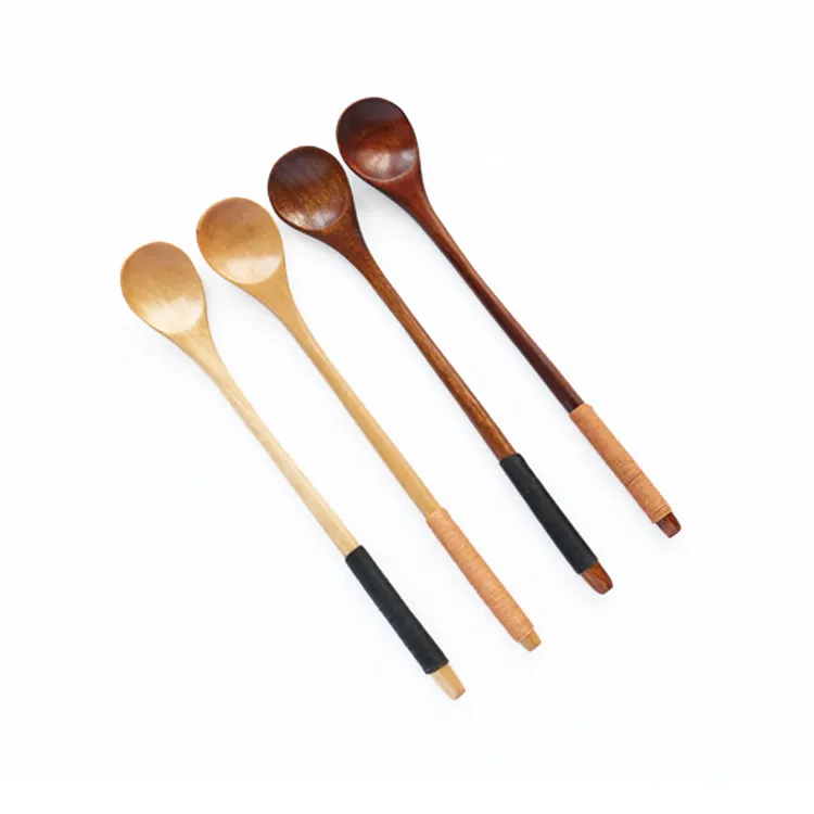 Set of 6 Long Handle Wooden Spoons Dessert Coffee Stirring Spoon Natural Wood Japanese Style Honey Spoon Tableware Accessories (1)