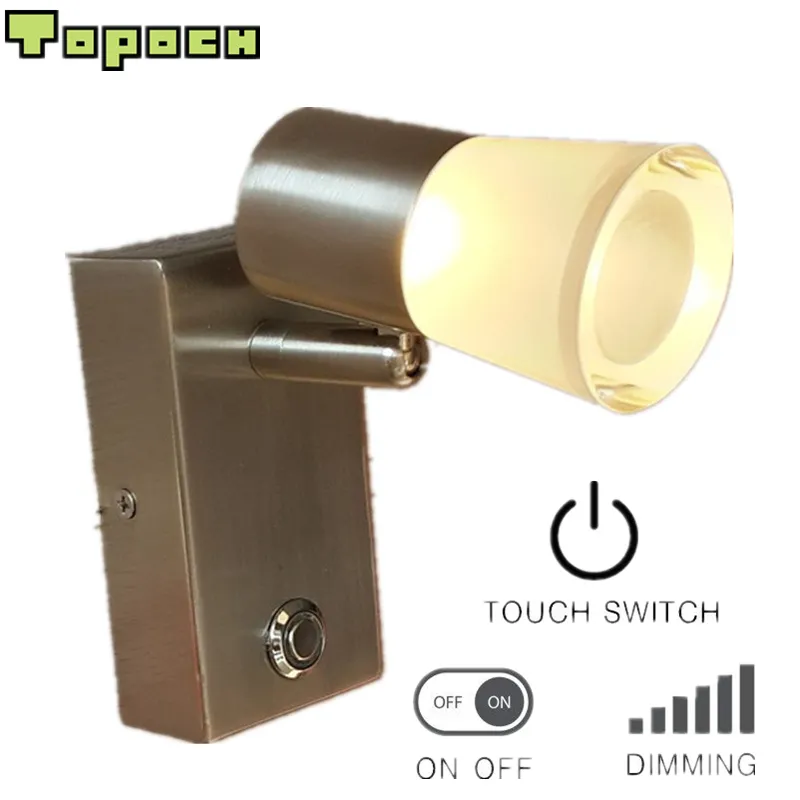 Топоч Настенные светильники Внутренняя лампа Никелированный Touch On / Off / Dim Switch Rotatuble Tiltable Spotlight Алюминиевый + акриловый корпус 120 градусов Beam