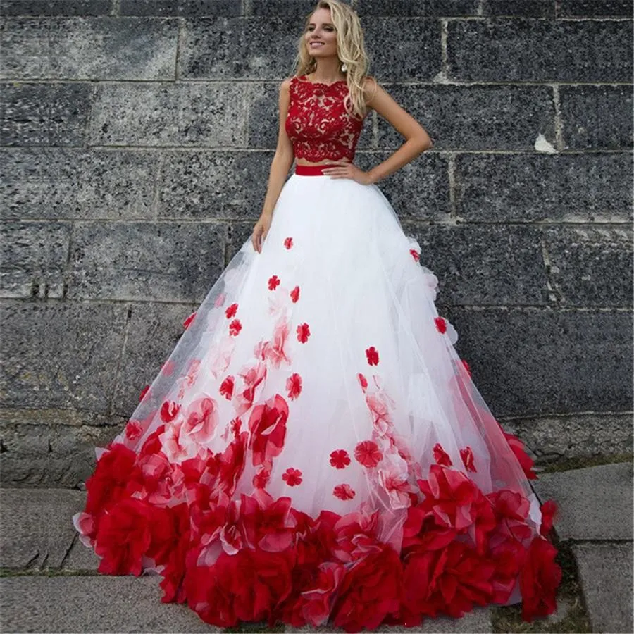 Duas Peças Branco Vermelho Vestidos de Baile Apliques de Renda 3D Flores Tulle Vestido de Baile Vestidos Quinceanera Doce 16 Vestidos