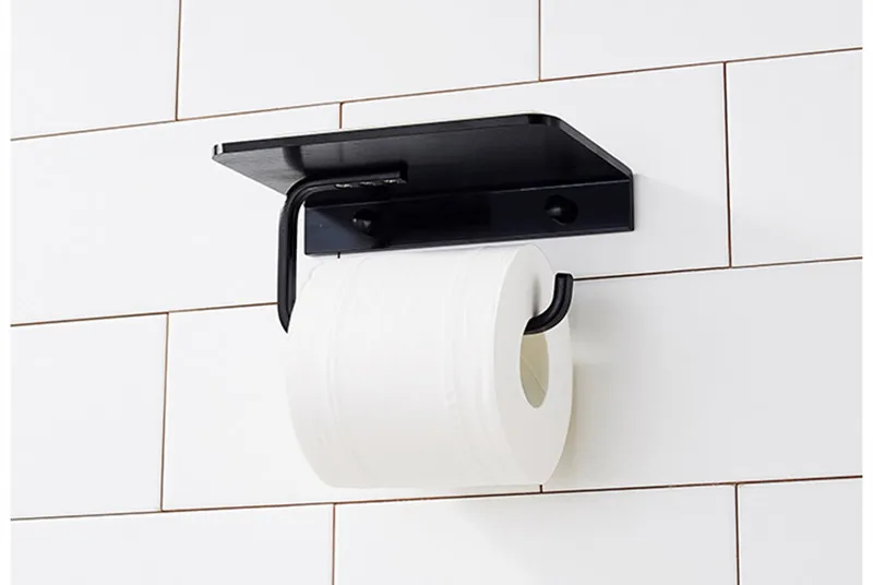 Zilveren zwarte ruimte aluminium papierhouder met mobiele telefoon plank toiletpapier houder waterdichte wandgemonteerde badkamer toiletpapierhouder