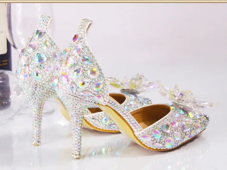 Prachtige kristallen bruiloft bruids schoenen strass 8cm prinses rood zilver kleurrijke formele partij prom schoenen puntige teen vrouwen pompen