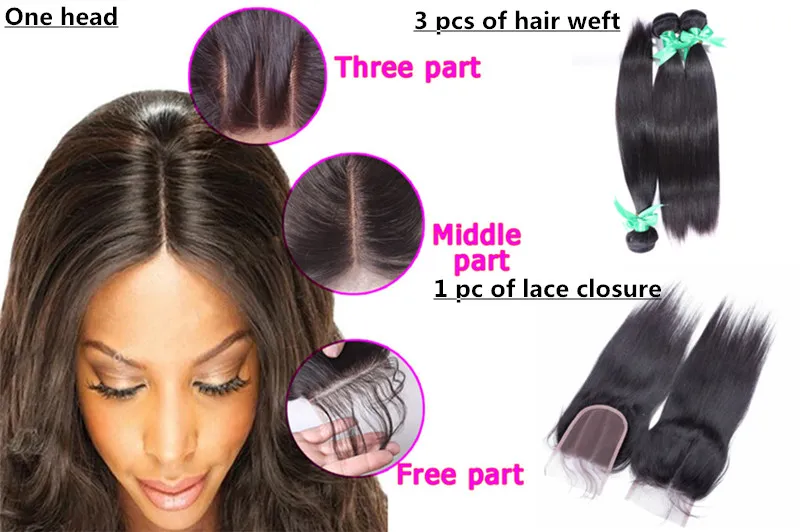 Elibess Hair Straight Weave Brazilian Virgin Hair 3 Bundles with Lace Closure Natural Color Hair Weft 100g Bundle