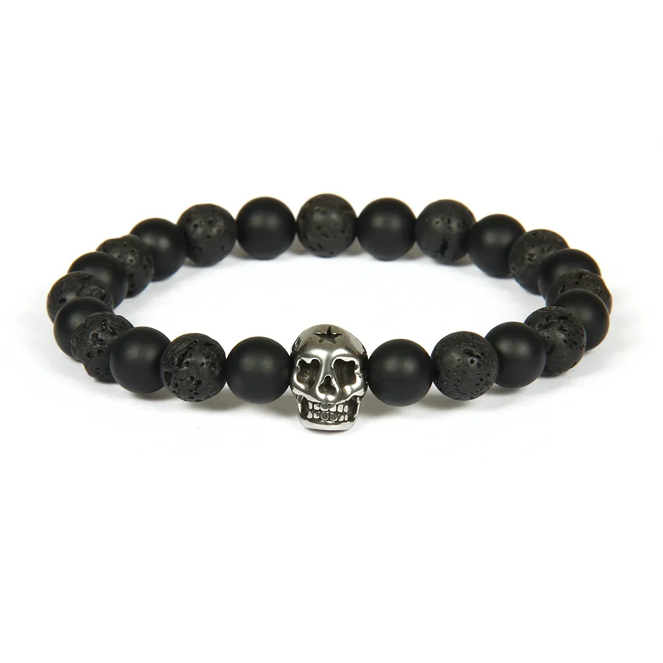 New Design Silver Stainless Steel Skull Bracelet Wholesale 10pcs/lot Not Fade Beaded Bracelets With 8mm Natural Stone