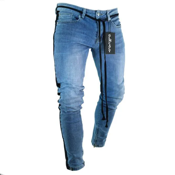 Mäns blå sida randig mager streetwear denim jeans hip hop vintage tvätt smal fit blyertsbyxor264k