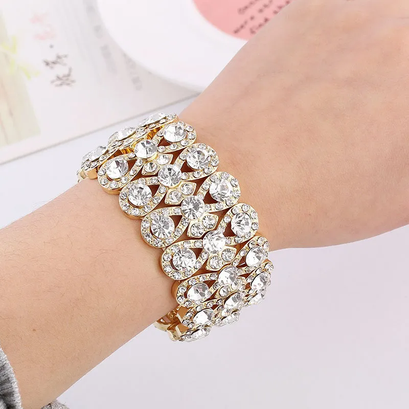 Matrimonio Gioielli di lusso Pietre di cristallo strass Bracciali di colore oro le donne Sposa Stretch corda ampia bracciali braccialetti