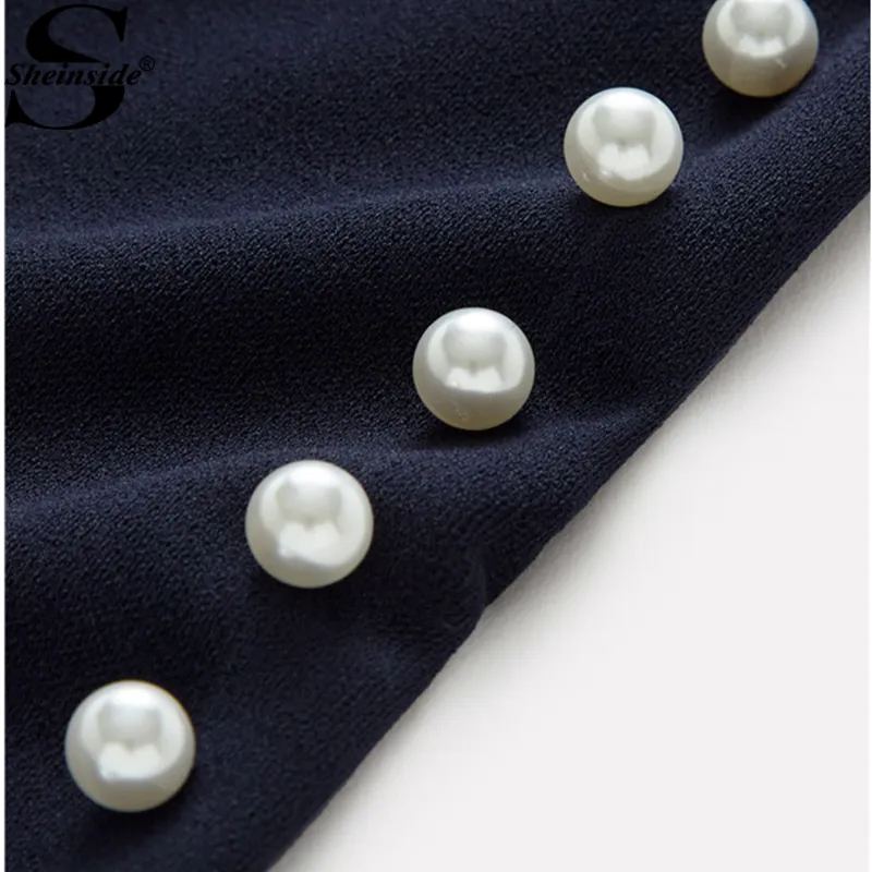 Sheinside Navy Pearls Beaded Sheath Pencil Dress Three Quarter Length Sleeve Zipper Dress 2018 Winter Women Office Ladies Dress