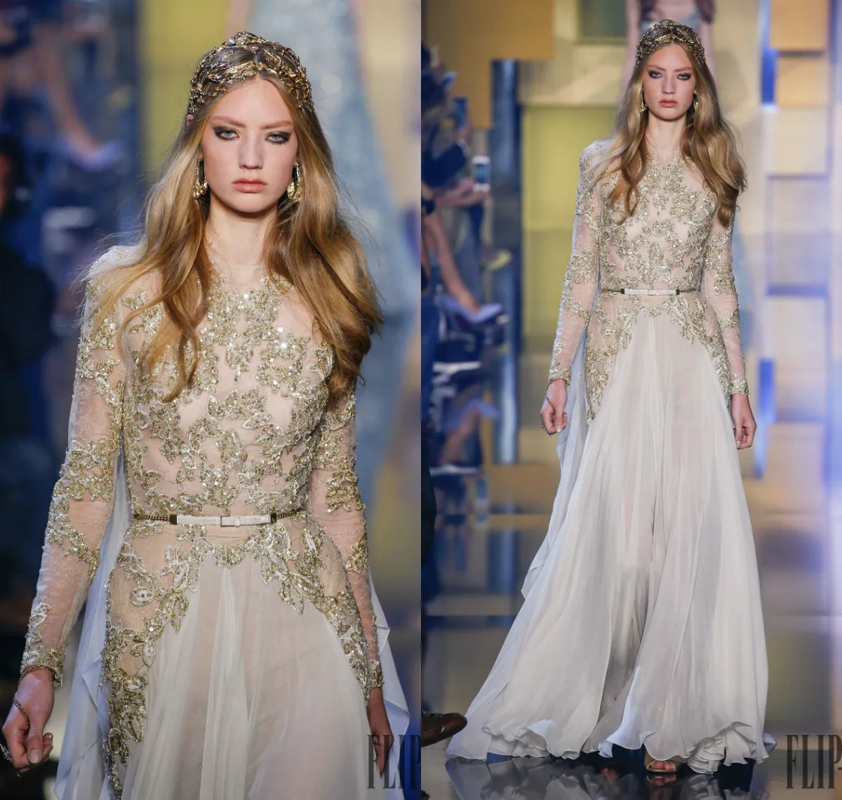 Elie Saab Prodesアイボリーシフォンジュエルネックフロア長長袖レースアップリケエレガントなイブニングドレスビーズフォーマルパーティーガウン