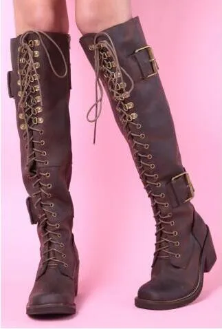 Top Quality Brown Lace Up Women Winter Boots Square Toe Knee High Riding Boots Chunky High Heels Ladies Boots With Buckle