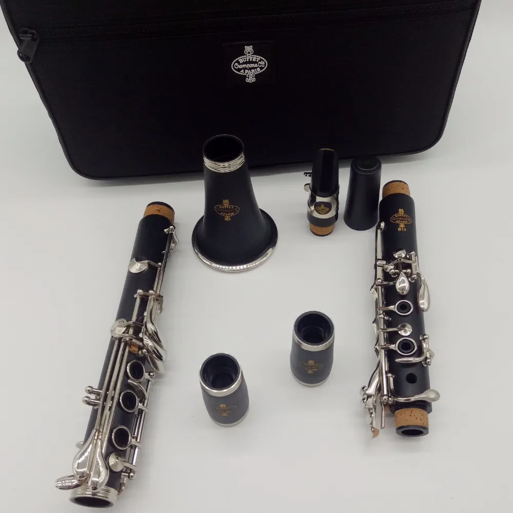 Gratis frakt Buffé B10 Bakelite Klarinet Studentmodell BB TUNE Klarinett 17 Key Professional Woodwind Instruments med måttmunstycke