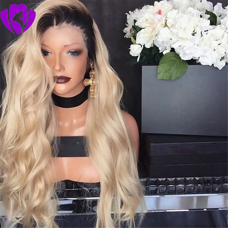 Teil Ombre Blonde Farbe Kunsthaar Lace Front Perücken mit dunklen Wurzeln Kleberlose hitzebeständige Faser für afroamerikanische Mädchen7586588