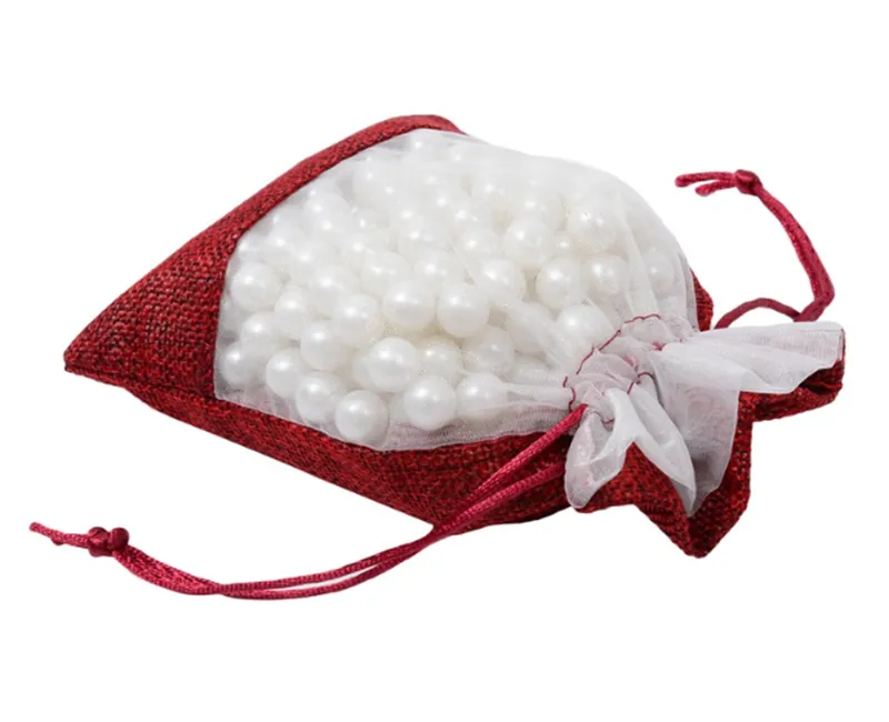 / Parti 11 * 16cm röd burlap väska med klart PVC fönster smycken pärlor dragsko påse bröllopsgåvor