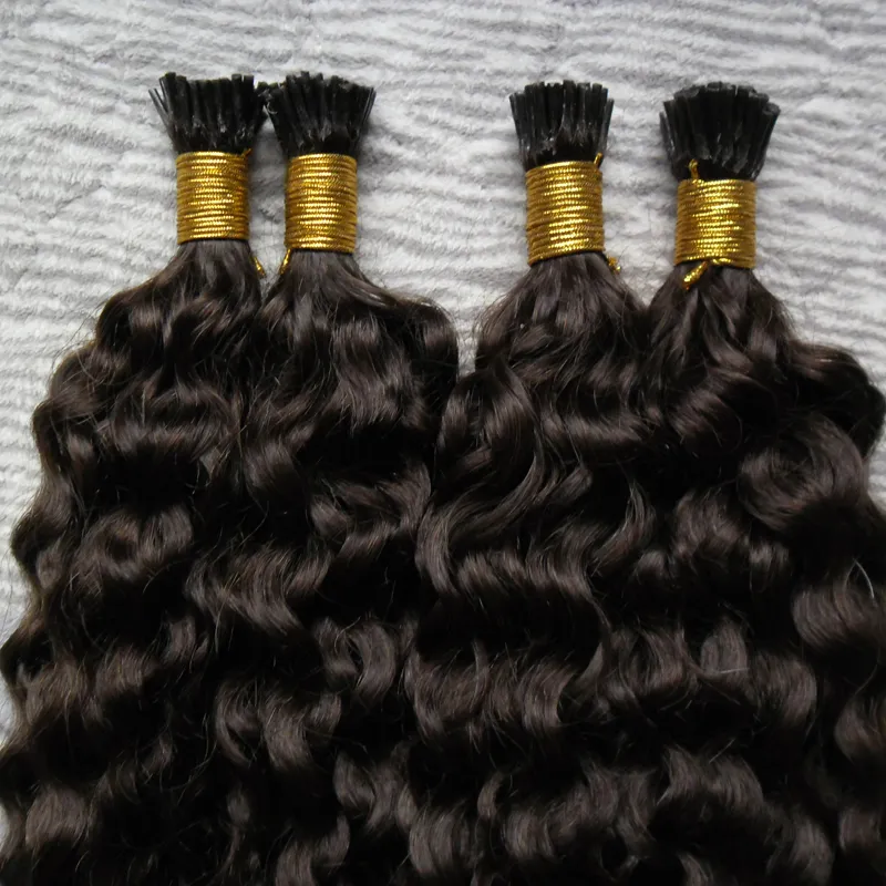 Unprocessed Brazilian Kinky Curly Virgin Hair I Tip Hair Extension 200g/strands Prebonded Human Hair Extensions #2 Darkest Brown