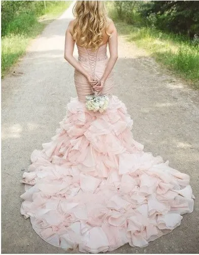 Blushing Pink Mermaid Sweetheart Colorful Wedding Dresses With Beaded Belt Ruffles Skirt Corset Back Modern Bridal Gowns Couture Custom Made