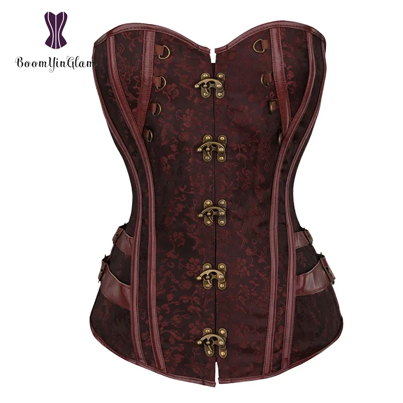 Midjetränare Brocade Steampunk Jacquard Faux Leather Patted Overbust Brown Corset Bustier med kedjor S-6XL 916#263A