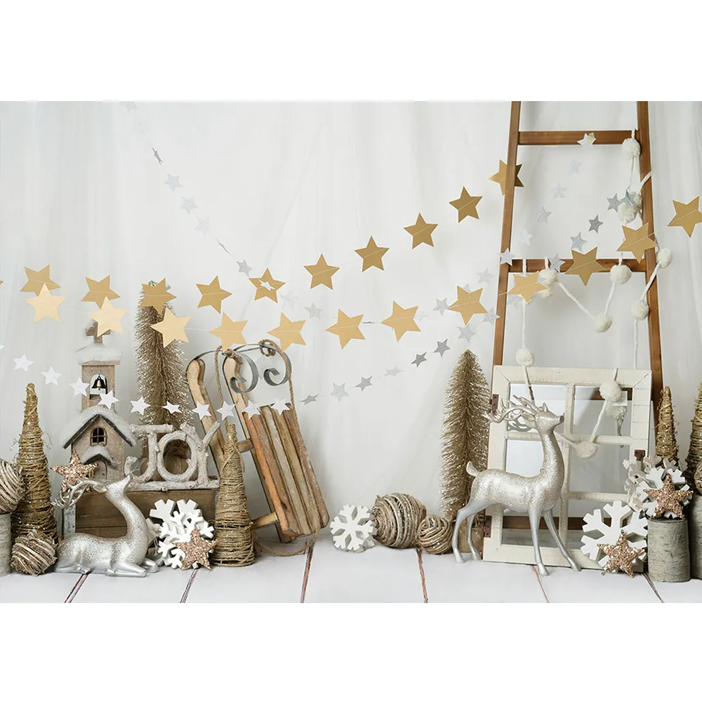 Nyfödda Baby Kids Christmas Backdrop Printed Silver Elks Leksaker Stjärnor Village House Decor Snowflakes Home Xmas Party Background