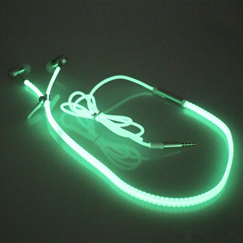 LED Luminous Earphones Glow In The Dark Headphones Metal Zipper