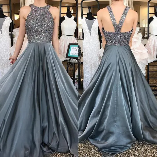 Wunderschönes graues A-Linie-Chiffon-Abschlussballkleid 2018 mit Strasssteinen, lang, sexy, rückenfrei, formelle Abendkleider, Juwel, elegant, Vestidos de Fiesta Largos