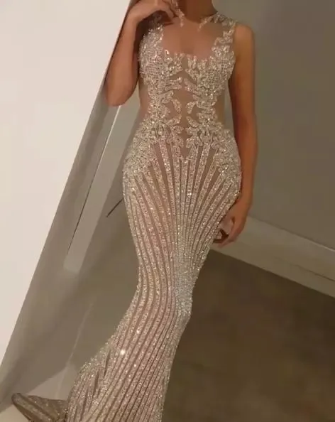 2018 Yousef Aljasmi Vestidos de noche Sin mangas Joya Cuello Barrido Tren Ilusión Vestido de fiesta de lujo Fiesta de noche Tallas grandes Vestidos formales