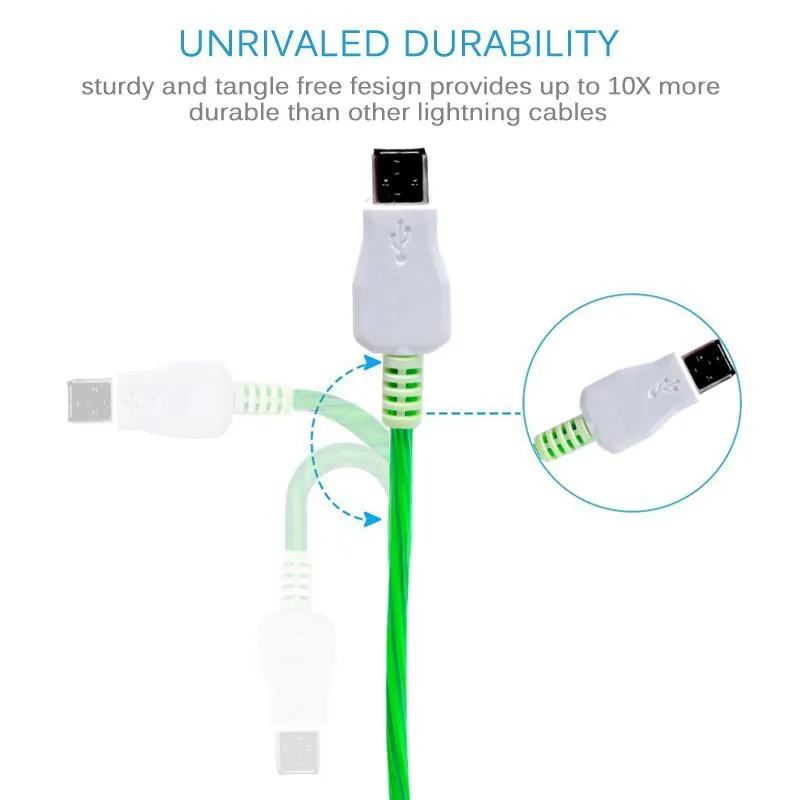 Flödande USB-kabeluppgradering Extra ljus briljant LED-micro Light Up Laddning Laddare Data Kabel W / Riktningsflödesflöde Opp Bag