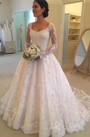 Full lace vintage wedding dresses 2018 square neck long sleeves wedding gowns buttons back sweep a line vestidos de novia