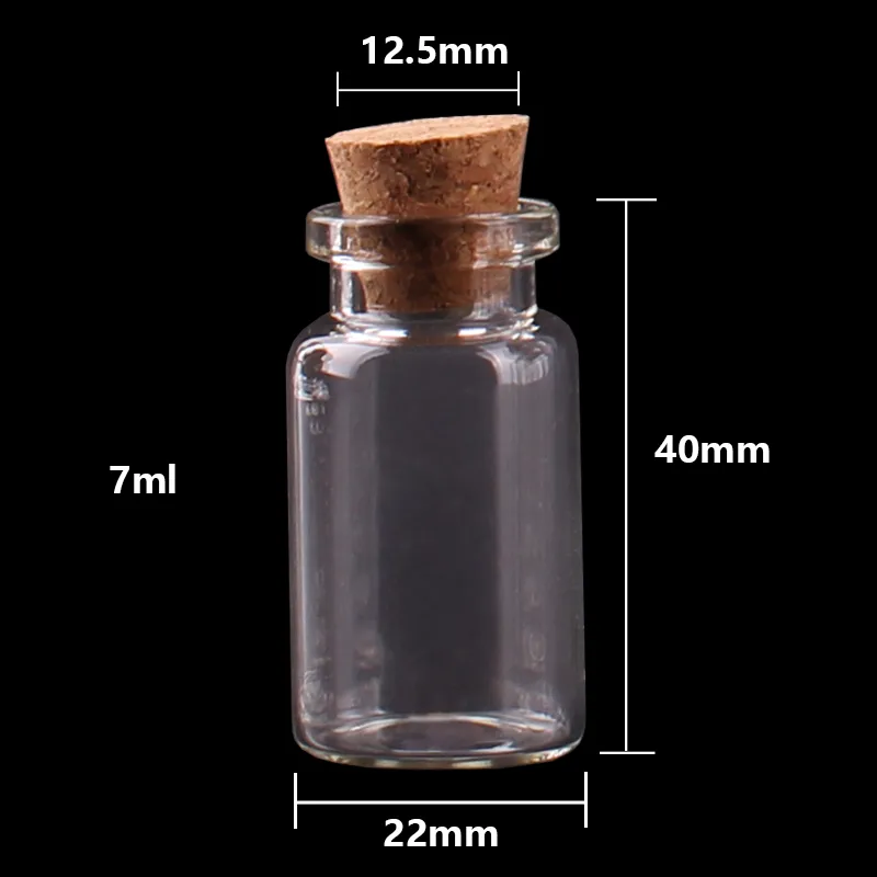 Storlek 22 * ​​40 * 12.5mm 7ml Mini Glass Parfym Spice Flaskor Tiny Jars Flaskor med Cork Stopper Hängande Hantverk Bröllopsgåva 