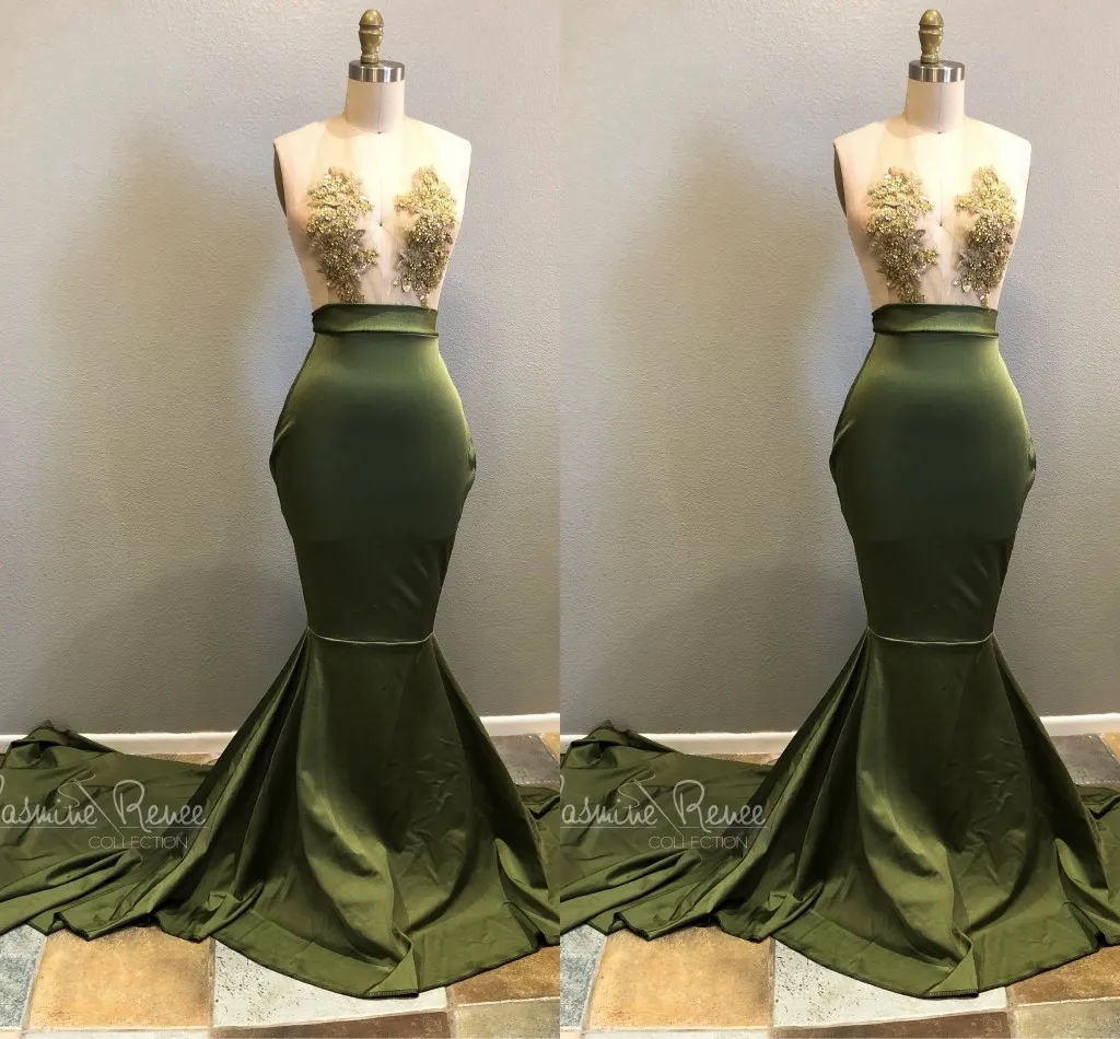 Olive Green Mermaid Prom Dresses V Neck Illusion Bodice Aplikacje Beading Satin Sexy Suknie Wieczorowe Party Suknie Sweep Pociąg