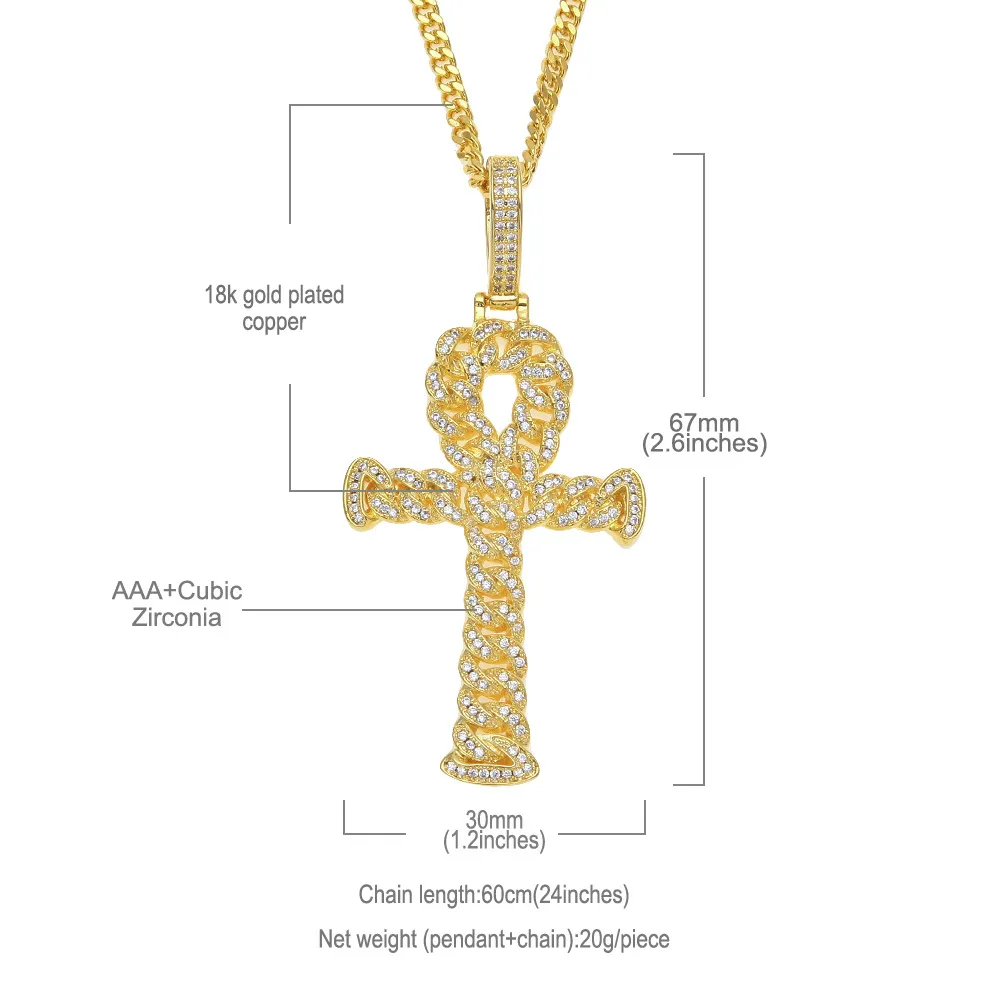 Collier HipHop pour femmes nouveau cuivre micro-réglage Zircon Ankh clé pendentif plein diamant chaîne cubaine croix en gros