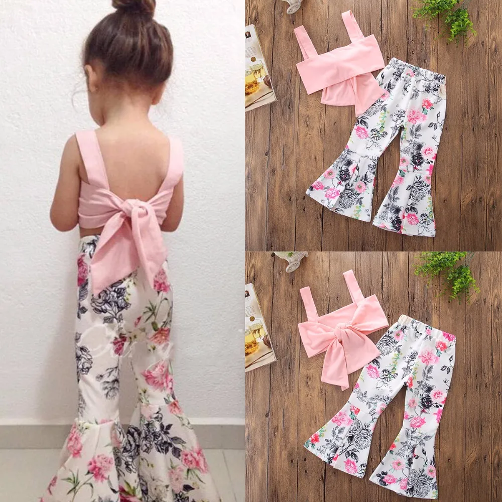 2018 Nya Babyflickor Kläder Satser Rosa Bowknut Tank Toppar Floral Flare Byxor 2PCS Toddler Girls Outfits Barn Barn Boutique Kläder