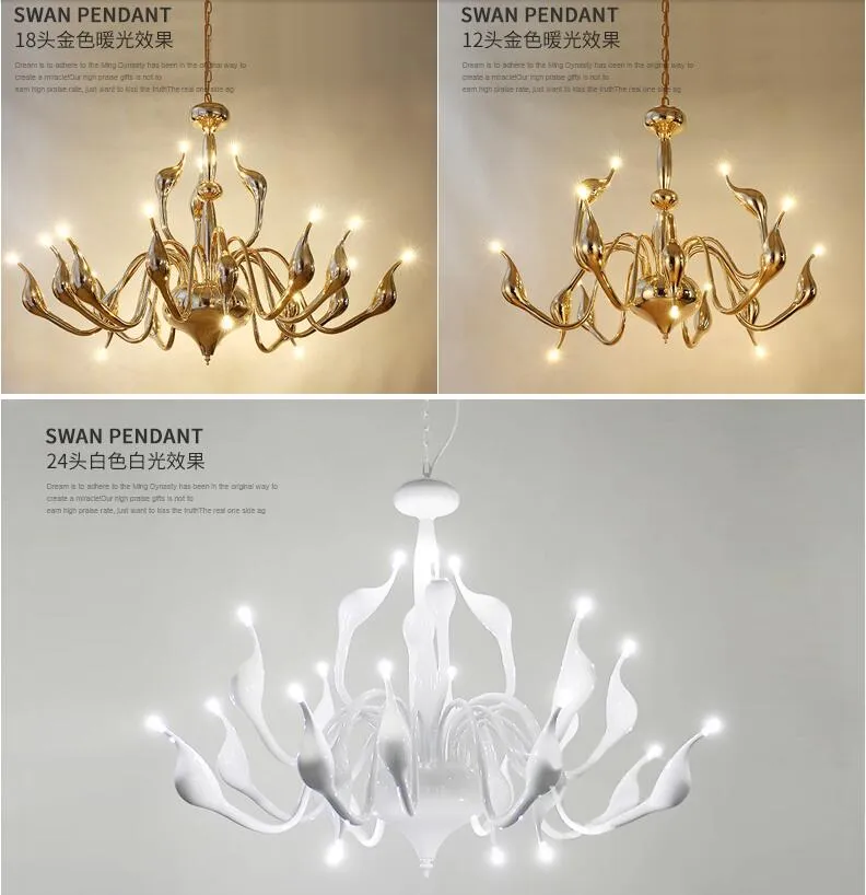 Nordisk stil Post Modern Lamp Iron Art Chandeliers for Home Decor Simple Light Luxury Creative Swan Shaped Hanging Ceilin225G