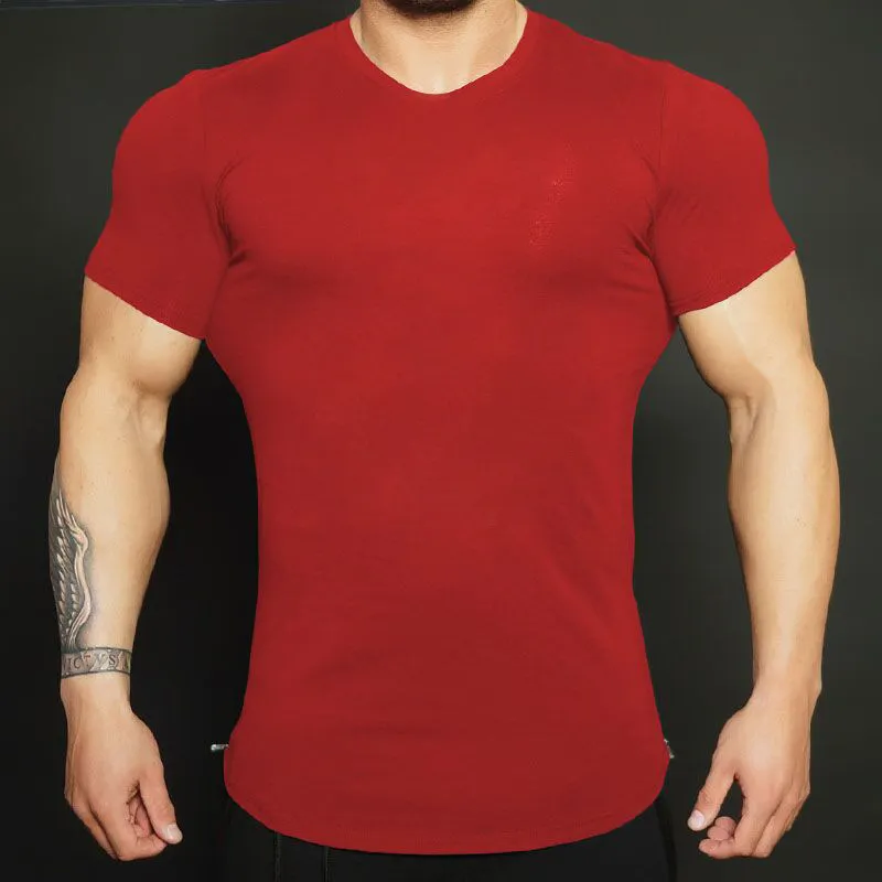 High quality fitness training Men's T-Shirt Short sleeve O-Neck Pure color Casual Fashion T-shirt Sports Comfortable elastic fitness T-Shirt