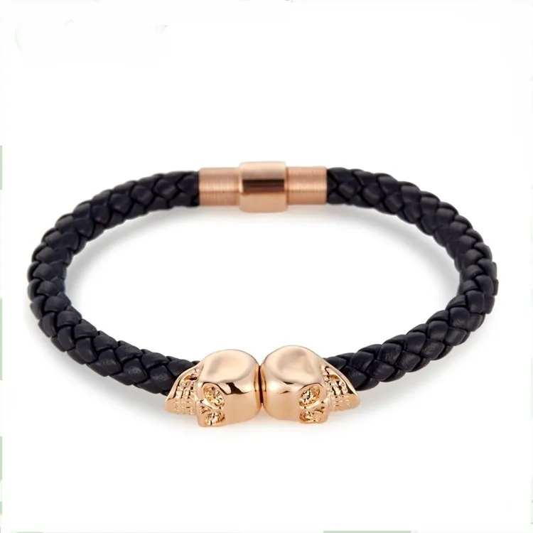 Rose Gold Plated Skull Head Armband Punk Fashion Armband för män Boys Black Läder Handcuff Chain