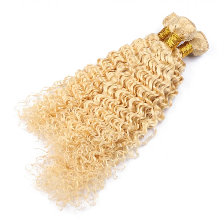 Nya anländer blondin mänskliga hårbuntar # 613 Platinum blondin djupvåg Curly Hair Extension Brasiliansk Virgin Uncocess Hair Weaves / 