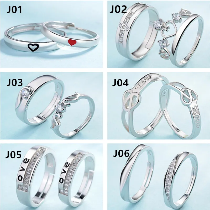 32 Designs Couple Rings Adjustable Lovers Rings 925 Silver Feather Heart Crown Cross Cubic Zirconia Rings